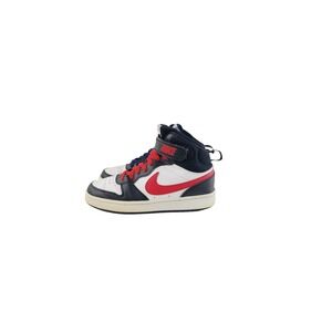 Nike, Round Toe Leather, Textile High Top Sneakers Youth Size 5Y White Black Red